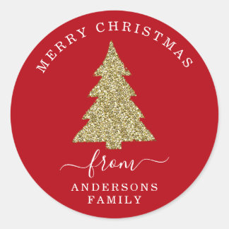 Create Your Own Gold Glitter Christmas Tree Red Classic Round Sticker
