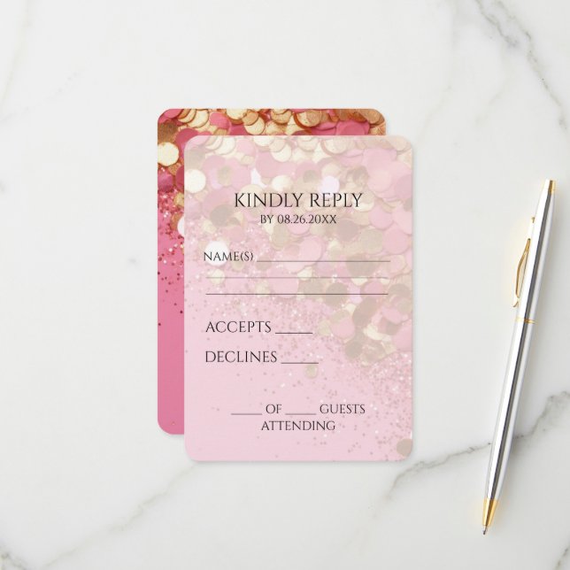 Create Your Own Gold Glitter on Pink RSVP Card (Front/Back In Situ)