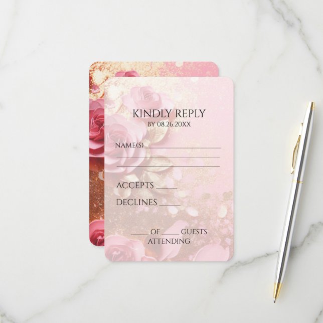 Create Your Own Gold Glitter & Pink Paper Flowers RSVP Card (Front/Back In Situ)