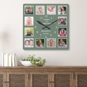 Create Your Own Green 12 Photo Collage Frame   Square Wall Clock