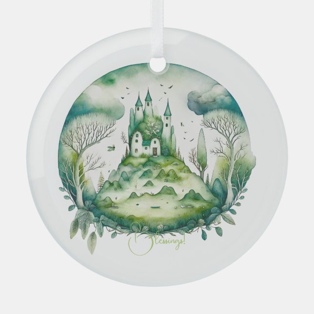 Create Your Own Green Fantasy Castle Landscape Glass Ornament (Front)