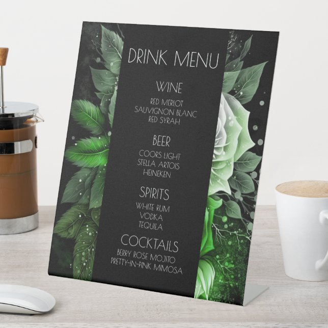 Create Your Own Green Roses & Leaves Drink Menu Pedestal Sign (In SItu)