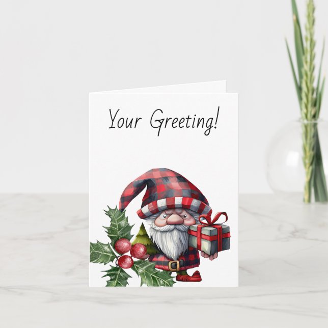 Create Your Own Grumpy Plaid Christmas Gnome Holiday Card (Front)