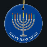 Create Your Own Hanukkah Menorah Ceramic Ornament<br><div class="desc">Create Your Own Hanukkah Menorah Ceramic Ornament. Menorah with nine candles and star of David on a blue festival of lights background on the front and back of the ornament. Happy holiday greetings and name of the family on the back. Place your own text, as desired. Choose the shape of...</div>