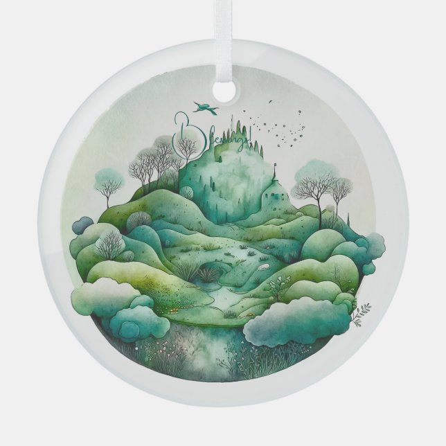 Create Your Own Hilly Green Landscape Glass Ornament (Front)
