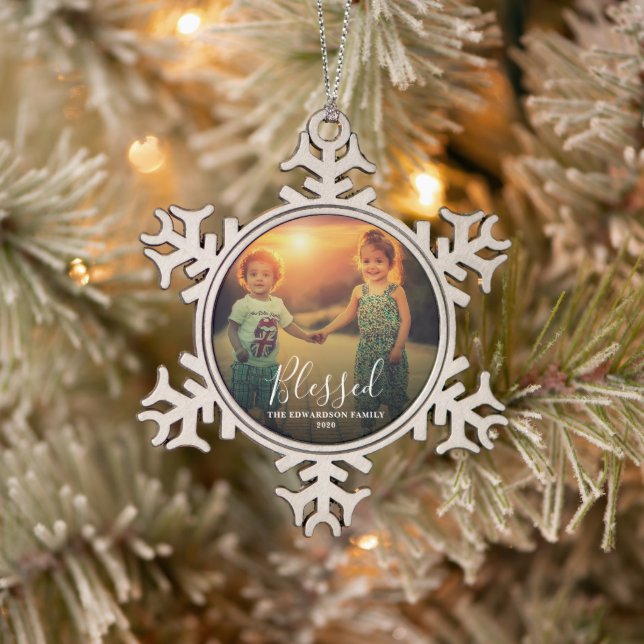 Create your own holidays Blessed family photo Snowflake Pewter Christmas Ornament (Tree)