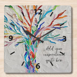 Create Your Own Inspirational Message Square Wall Clock<br><div class="desc">This unique wall clock is decorated with a rainbow coloured mosaic design.
You can add your chosen inspirational quote or message to personalize it. 
You can edit the font,  font size,  and font colour. Original Mosaic © Michele Davies.</div>