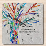 Create Your Own Inspirational/Motivational Quote Square Wall Clock<br><div class="desc">This unique Wall Clock is decorated with a colourful mosaic Tree of Life design.
Add your chosen quote to personalize it. 
Click Customize Further to edit font,  font size and font colour.
Original Mosaic © Michele Davies.</div>