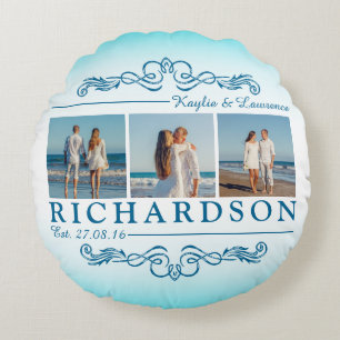 Create Your Own Instagram Beach Wedding Monogram Round Pillow