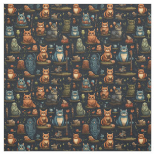 Create Your Own Kooky Wild Owls Rabbits Cats Black Fabric