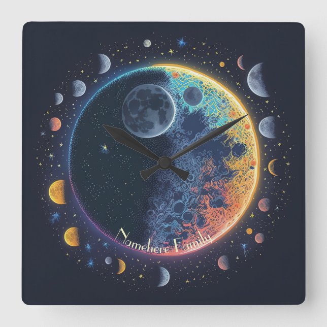 Create Your Own Magical Rainbow Moons Square Wall Clock (Front)