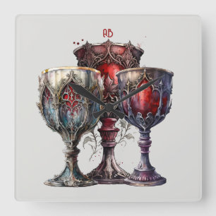 Create Your Own Medieval Red Gothic Chalices Square Wall Clock