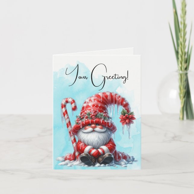 Create Your Own Merry Peppermint Christmas Gnome Holiday Card (Front)