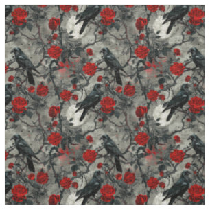 Create Your Own Misty Grey Gothic Ravens Red Roses Fabric