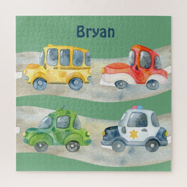 Create your own Monogrammed Watercolor Cars Jigsaw Puzzle (Vertical)