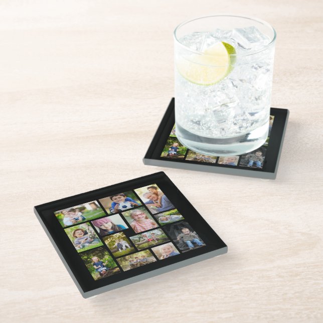 Create Your Own Multi Photo Collage Black  Glass Coaster (Angled)