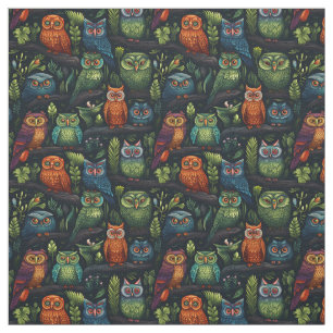 Create Your Own Multicolored Owls Black Fabric
