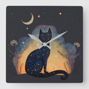 Create Your Own Mystical Black Cat Silhouette Square Wall Clock