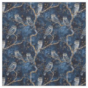 Create Your Own Mystical Blue Gold Winter Owls Fabric