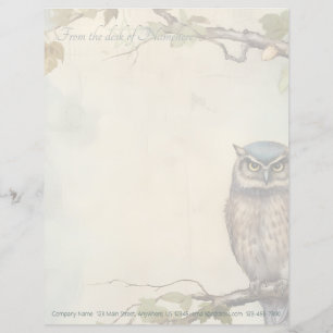 Create Your Own Mystical Blue Owl Green Leaves Letterhead
