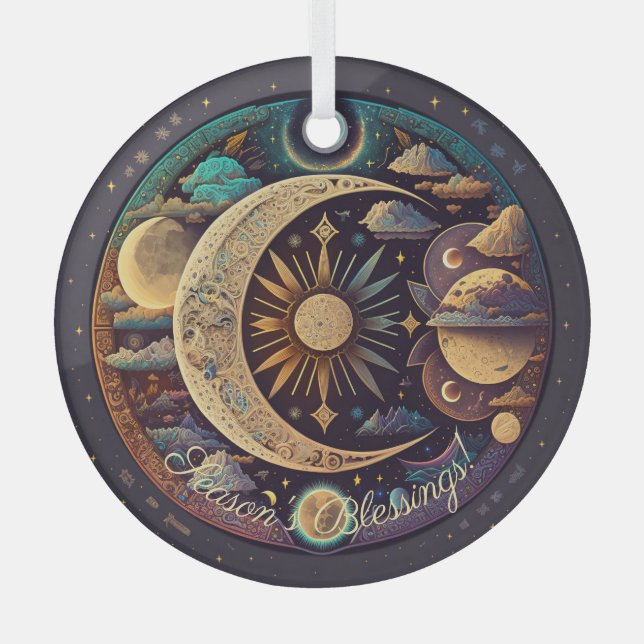 Create Your Own Mystical Crescent Moon & Planets Glass Ornament (Front)