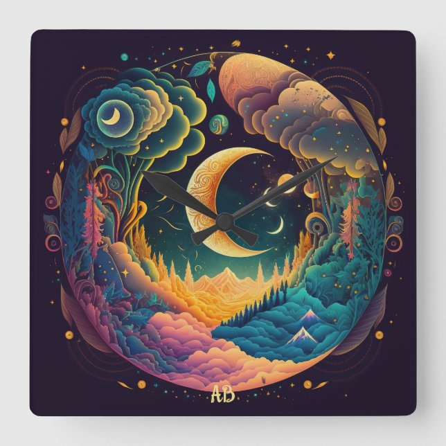 Create Your Own Mystical Crescent Moons Forest Square Wall Clock (Front)