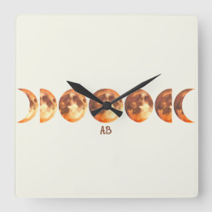 Create Your Own Mystical Orange Moon Phases Square Wall Clock