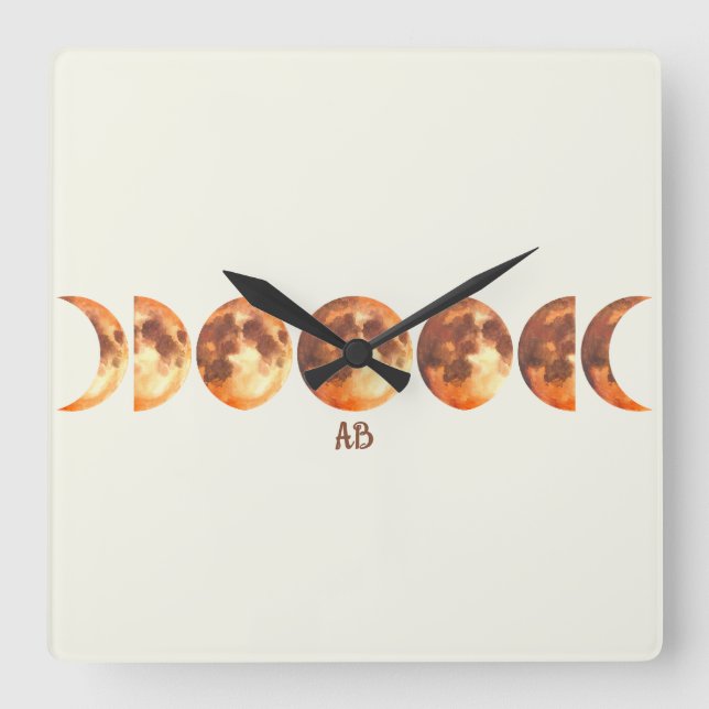 Create Your Own Mystical Orange Moon Phases Square Wall Clock (Front)