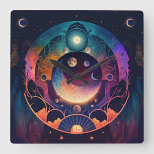 Create Your Own Mystical Rainbow Crescent Moon Square Wall Clock