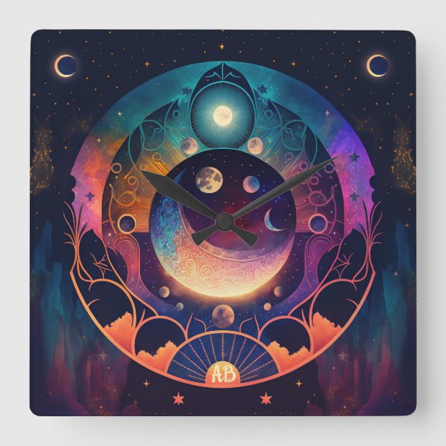 Create Your Own Mystical Rainbow Crescent Moon Square Wall Clock (Front)