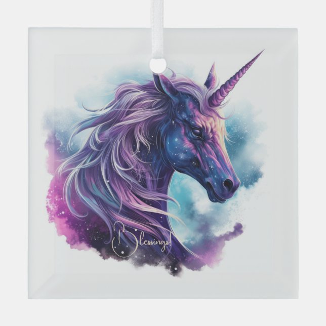 Create Your Own Mythical Purple Unicorn Glass Ornament (Front)