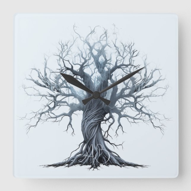 Create Your Own Mytsical Blue Tree Square Wall Clock (Front)