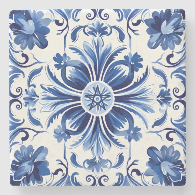 Create Your Own Navy Blue Talavera Style Tile Stone Coaster (Front)