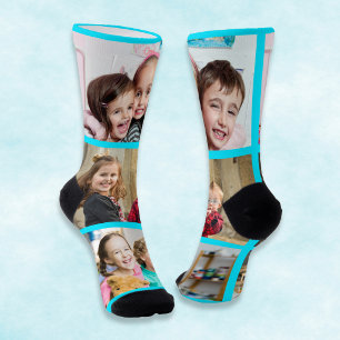 Create Your Own Neon Blue Frame 3 Photo Collage Socks