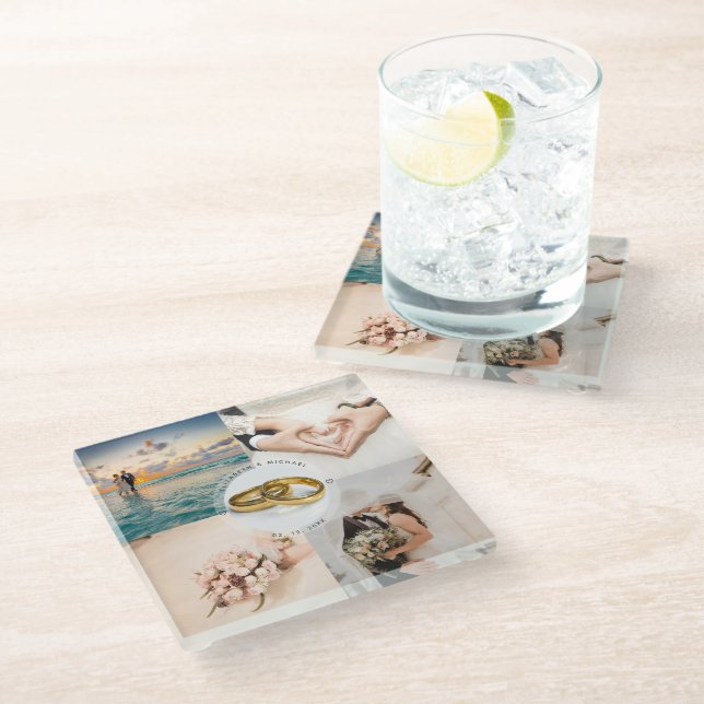 Create Your Own Newlyweds Wedding Photo Collage Glass Coaster (Angled)