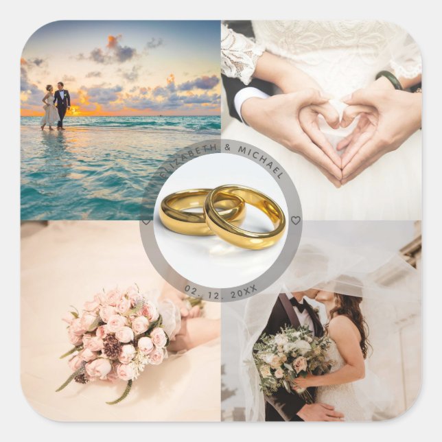 Create Your Own Newlyweds Wedding Photo Collage Square Sticker (Front)