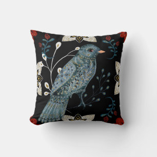 Create Your Own Nordic Blue Bird & Snowflakes Throw Pillow