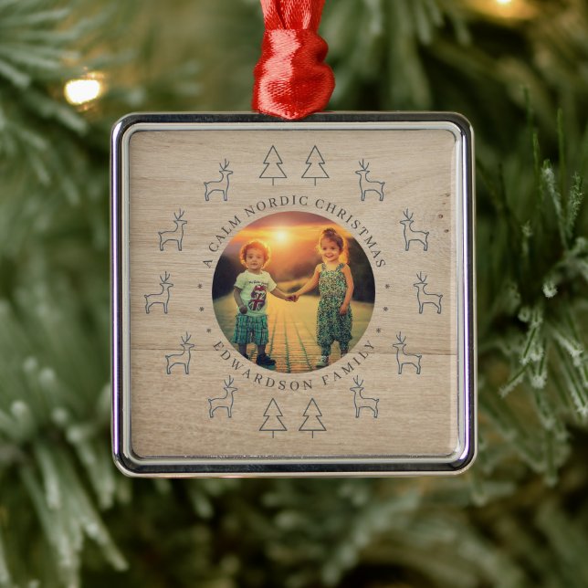 Create your own nordic family photo christmas metal ornament (Tree)