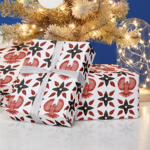 Create Your Own Nordic Red Bird & Stars Wrapping Paper