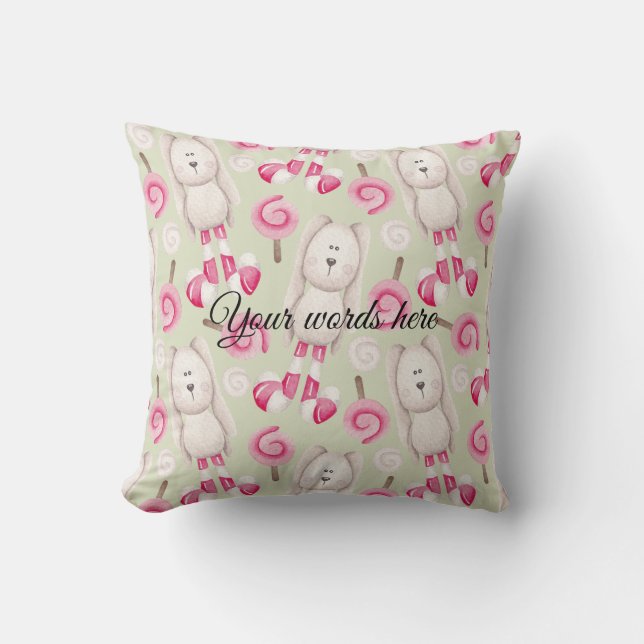 Create Your Own Peppermint Rabbits Christmas Throw Pillow (Front)