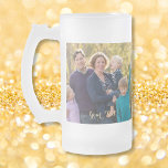 Create Your Own Personalized Photo Gold Text Frosted Glass Beer Mug<br><div class="desc">Create your own custom, personalized, beautiful elegant faux gold script typography font, Birthday / Christmas / New Years, two photos (one on each side), microwave and dishwasher safe, beautiful frosted glass photo beer mug to enjoy your favourite lager / ale / craft / beer. To personalize, simply add your favourite...</div>