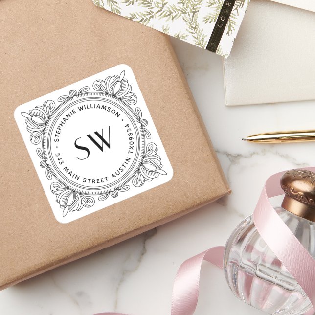 Create Your Own Petal Monogram Return Address Square Sticker (Creator Uploaded)