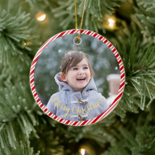 Create Your Own Photo Candy Cane Stripes Christmas Ceramic Ornament
