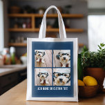Create Your Own Photo Collage Navy 4 Pictures Reusable Grocery Bag<br><div class="desc">Use four square photos to create a unique and personal gift. Or you can keep the hipster puppy and make a trendy keepsake. If you need to adjust the pictures,  click on the customize tool to make changes.</div>