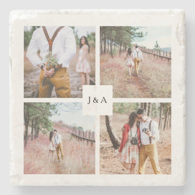 Create your own photo collage wedding stone coaster (Front)