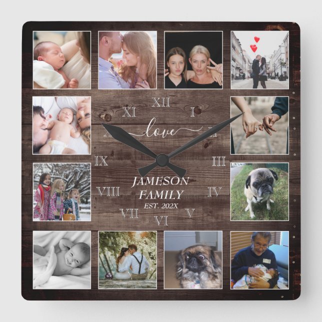 Create Your Own Photo Collage Wood Roman Number Square Wall Clock (Front)