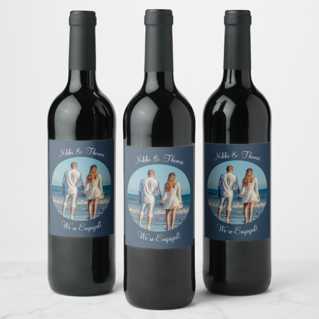 Create Your Own Photo Engagement Blue Name Couple Wine Label (Bottles)