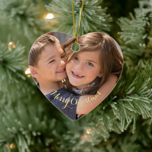 Create Your Own Photo Gold Text Christmas Heart Ceramic Ornament (Tree)