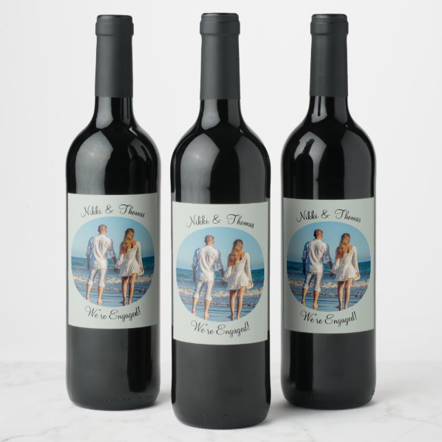 Create Your Own Photo Green Engagement Name Couple Wine Label (Bottles)