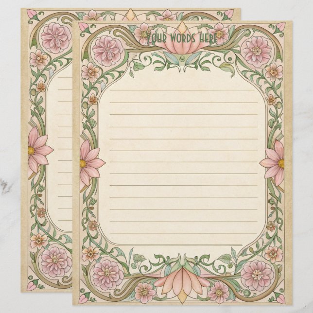 Create Your Own Pink Floral Art Deco Note Paper (Front/Back)